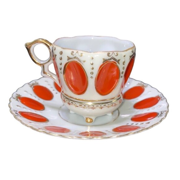 Vintage Japanese Teacup & Saucer Set Gold & Orange Design - Picture 6 of 13